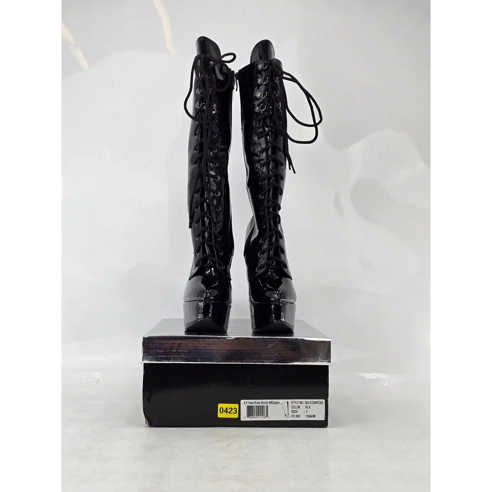 Ellie Shoes 652-Countess Knee High Boots Womens 7 Black Patent Lace Up -NEW